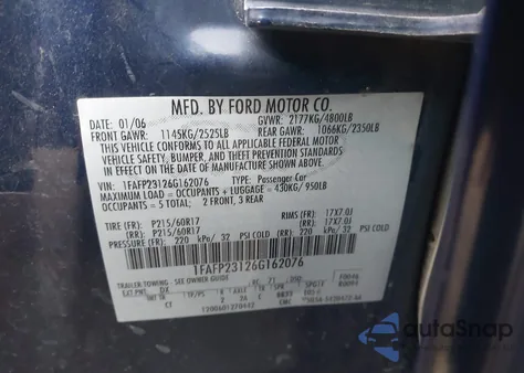 2006 Ford Five Hundred Se from USA, damaged, VIN 1FAFP23126G162076